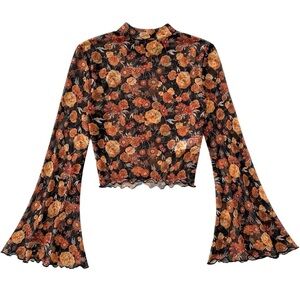 Y2k revival, Semi-sheer bell-sleeve, cropped high-stretch mesh floral print top